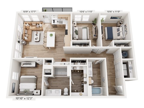 Floor plan for 3 beds, 2 baths, 1309 sqft